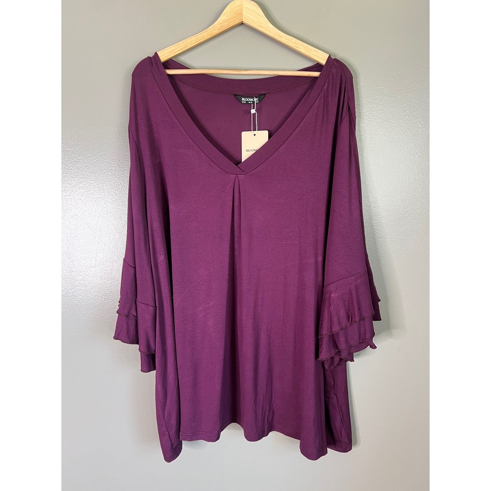 BloomChic Women Plus Size 26 Purple V-Neck Ruffle Bell Sleeve Tunic Top NWT